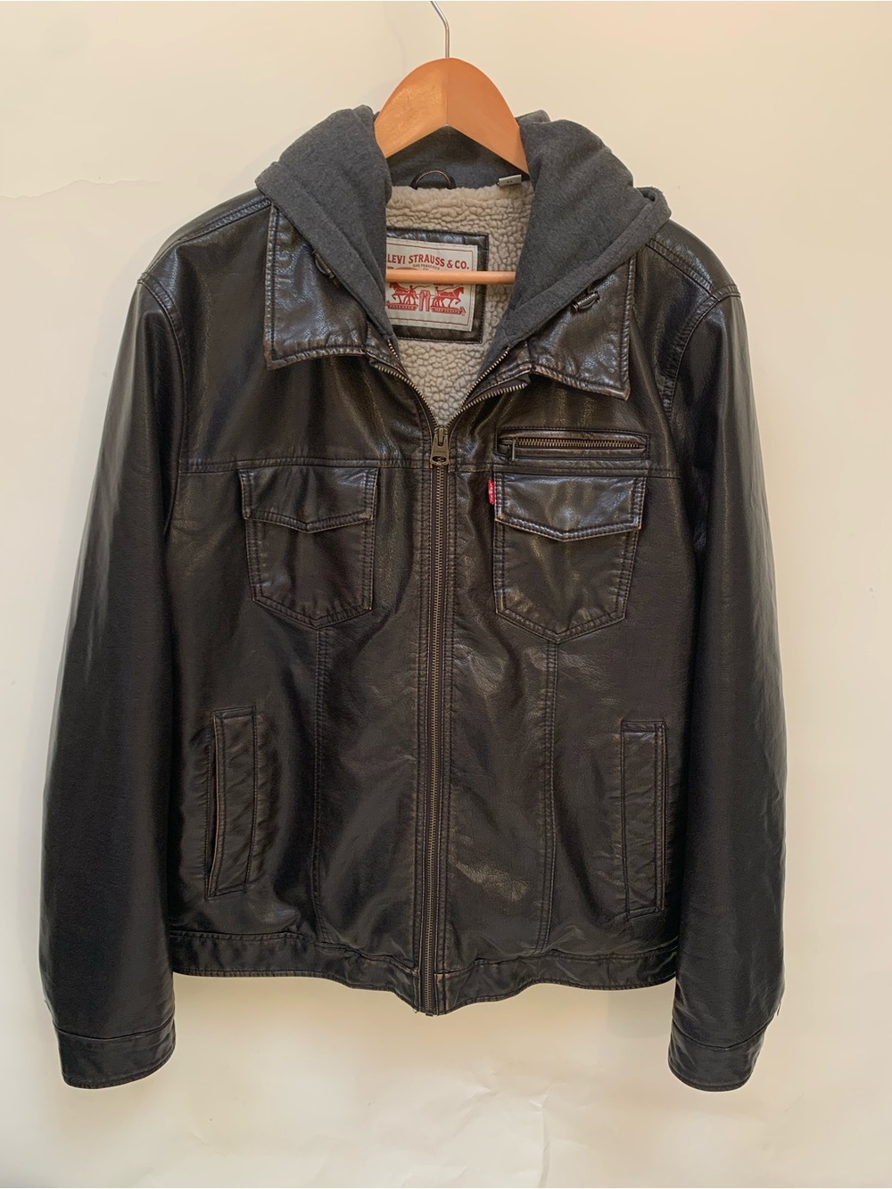Levi's Zip Hoodie Faux Leather Black Jacket Men’s XL Dark Brown Sherpa Lined